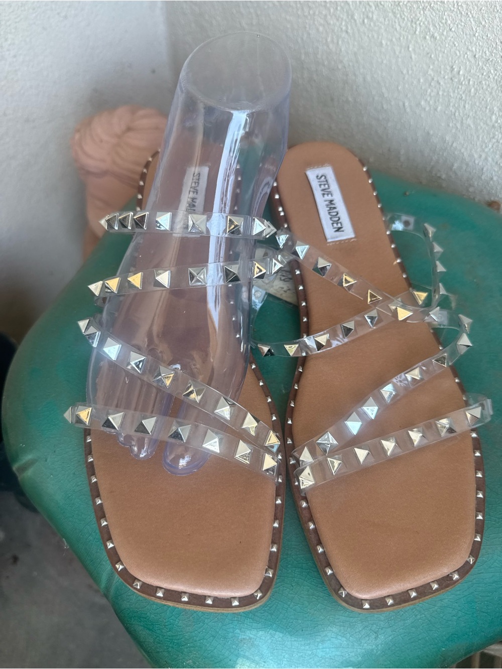 Steve Madden Tan Footbed Clear Studded Slide Sandals